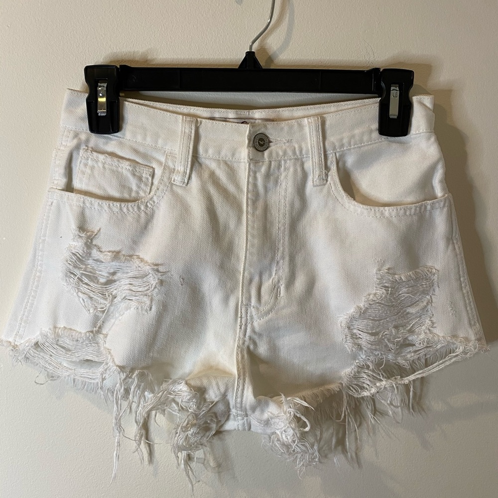 Hollister distressed white denim high rise shorts